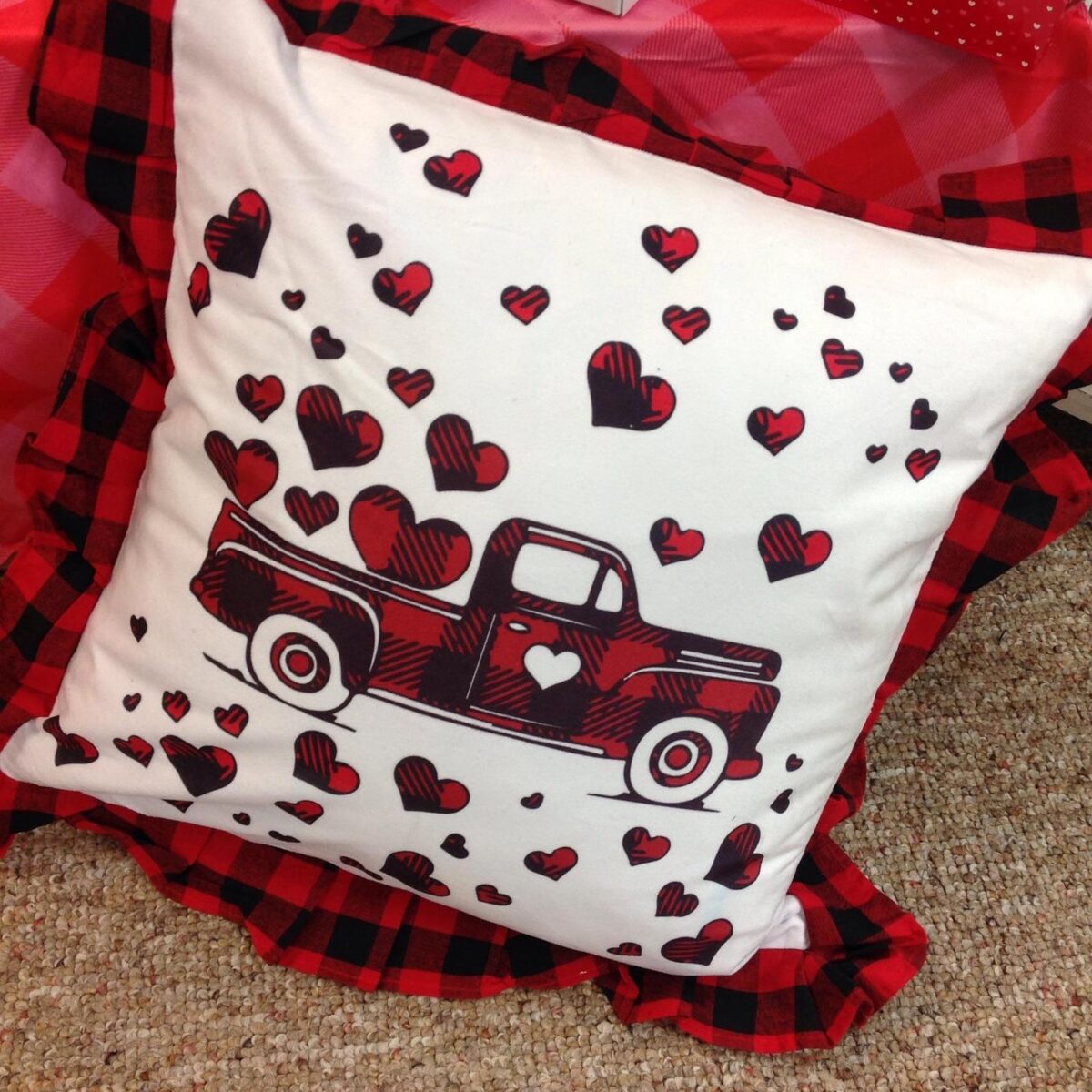 Red Plaid Heart Truck Pillow